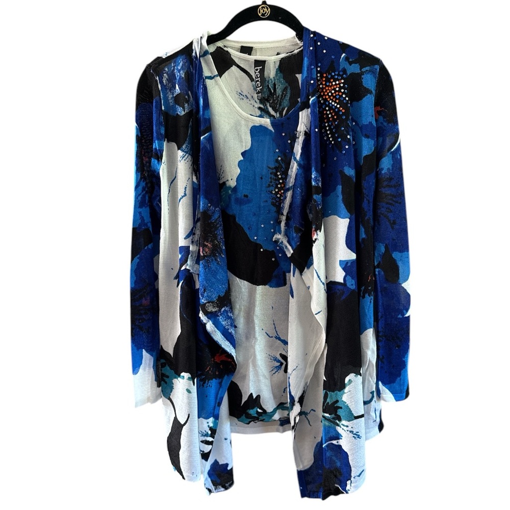 Berek Women’s 2 piece set Petite Floral Lapis Lux Top & Cardigan Embellished PXS